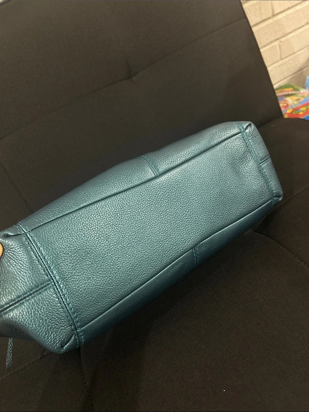 Coach Lexy Metallic Peacock Blue Teal Pebbled Leather Chain Shoulder Bag Purse